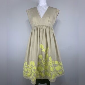 Hoss Intropia Beige Cotton Midi‎ Dress Neon Yellow Floral Embroidery Size 40